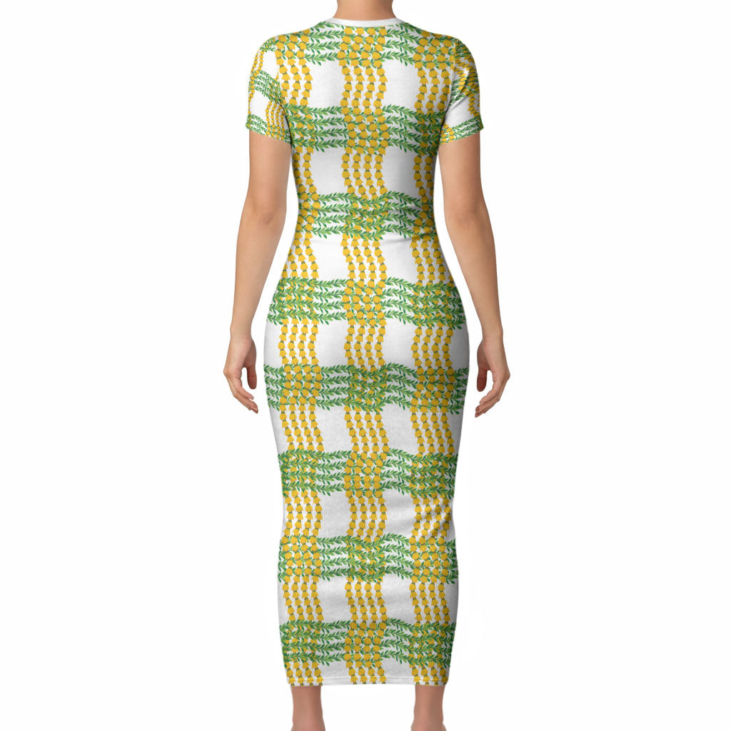 Aloha Hawaii Ilima Maile Lei Short Sleeve Bodycon Dress Palaka Inspired Hawaiian-plaid White