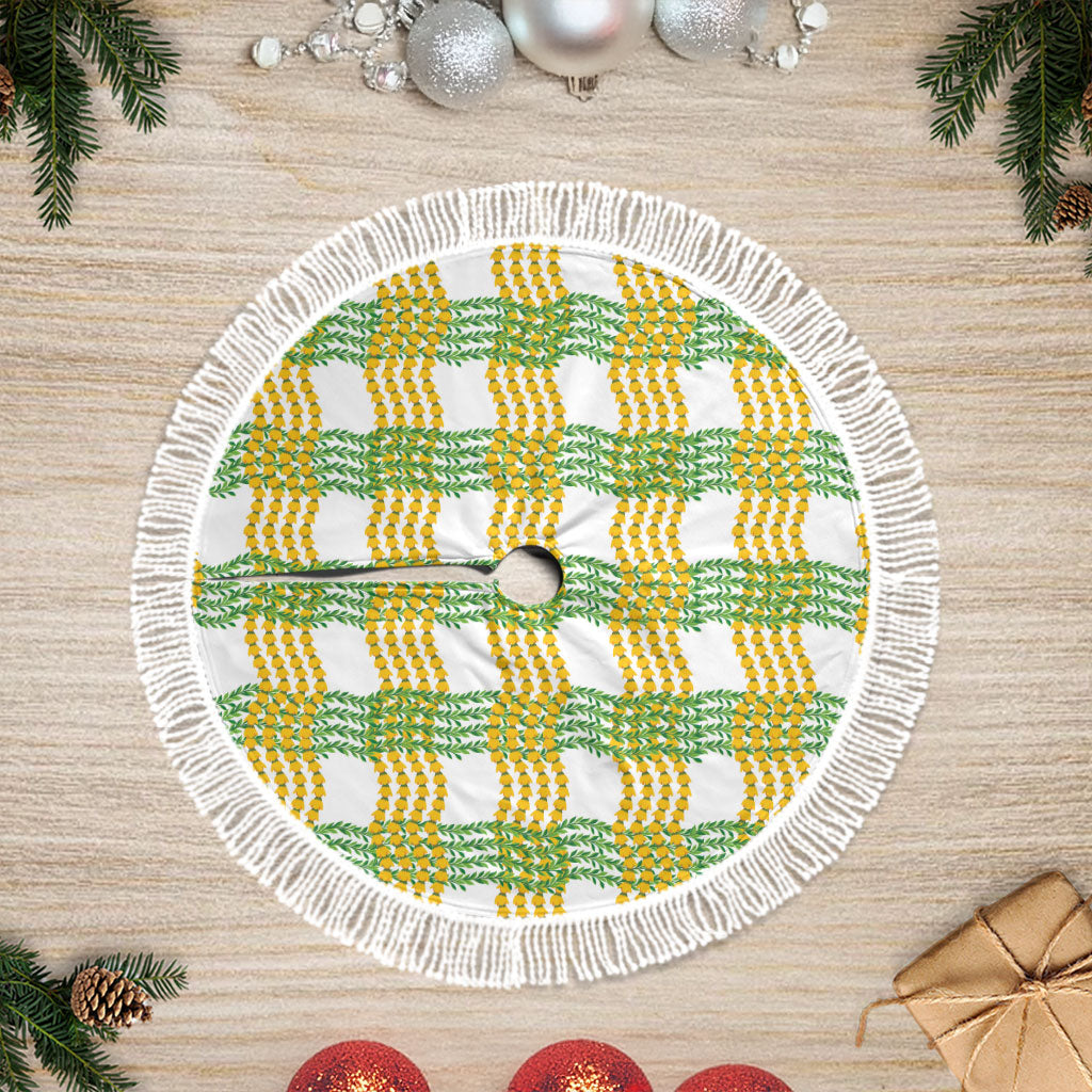Aloha Hawaii Ilima Maile Lei Tree Skirt Palaka Inspired Hawaiian-plaid White
