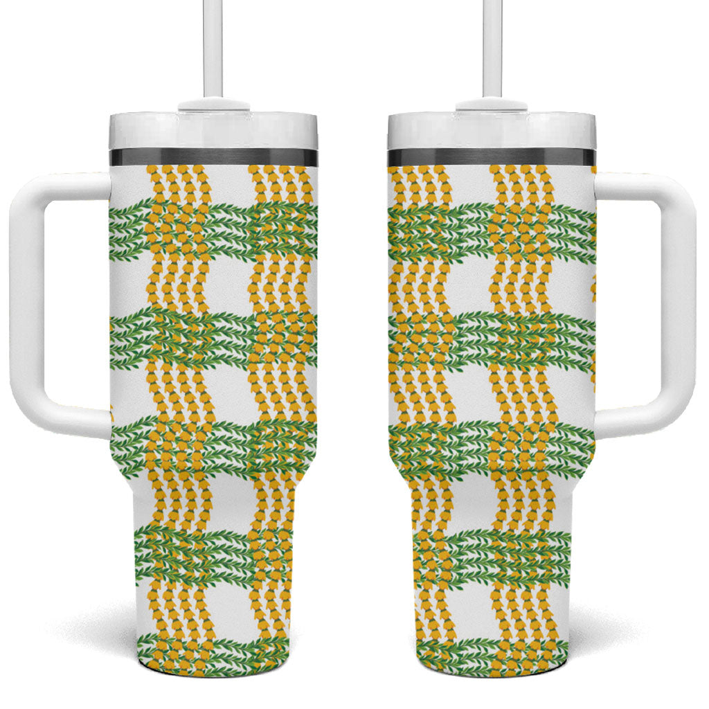 Aloha Hawaii Ilima Maile Lei Tumbler With Handle Palaka Inspired Hawaiian-plaid White LT14 One Size: 40 oz White - Polynesian Pride
