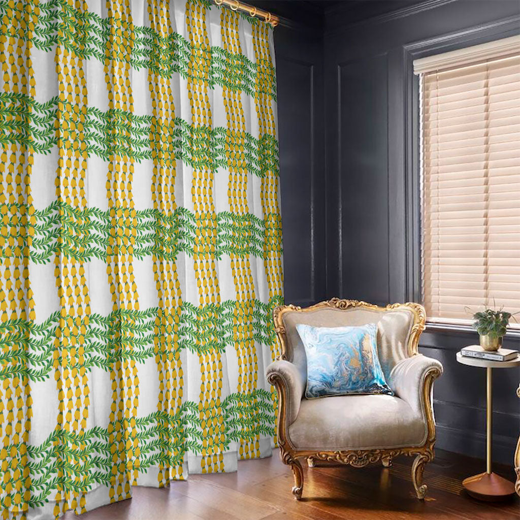 Aloha Hawaii Ilima Maile Lei Window Curtain Palaka Inspired Hawaiian-plaid White