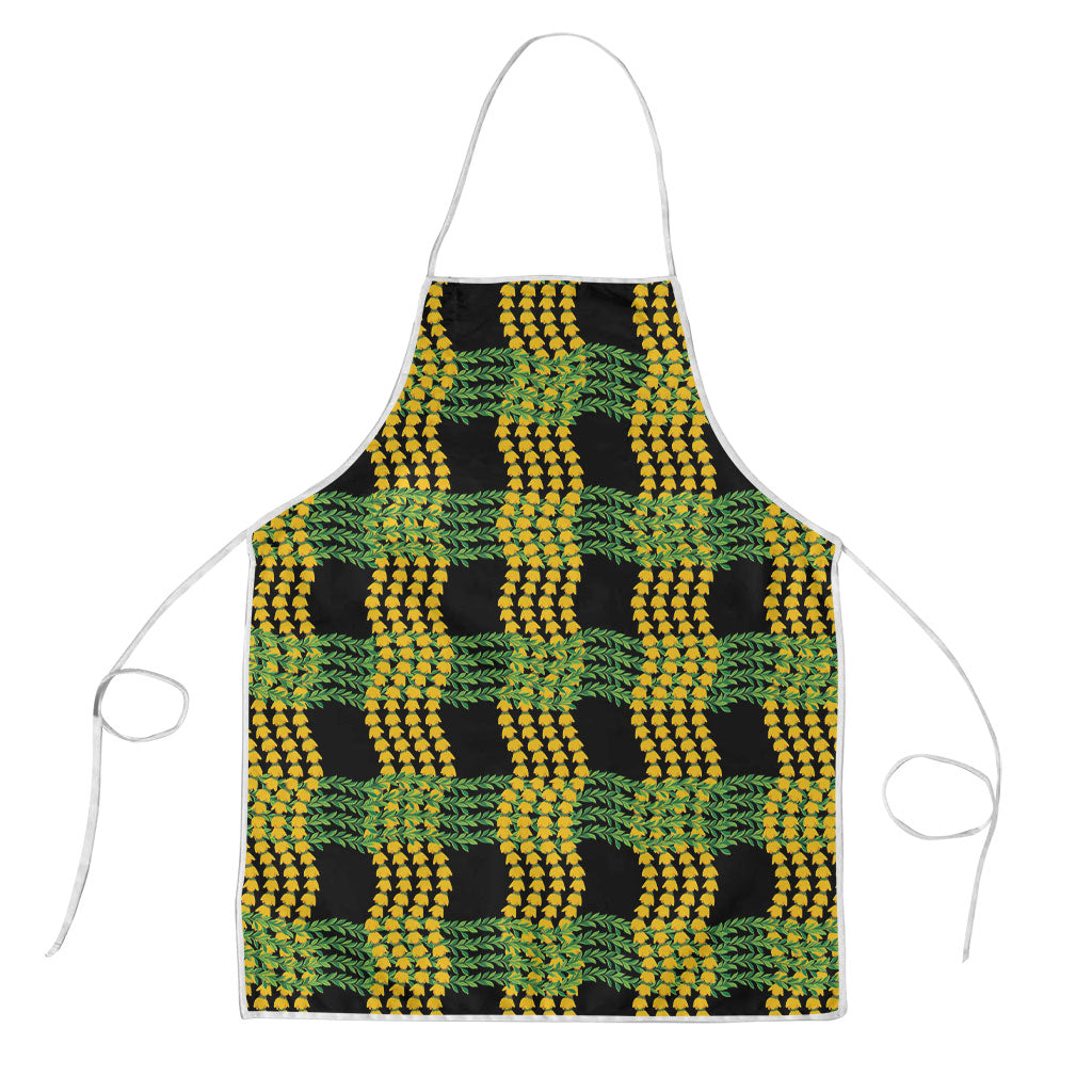 Aloha Hawaii Ilima Maile Lei Apron Palaka Inspired Hawaiian-plaid Black