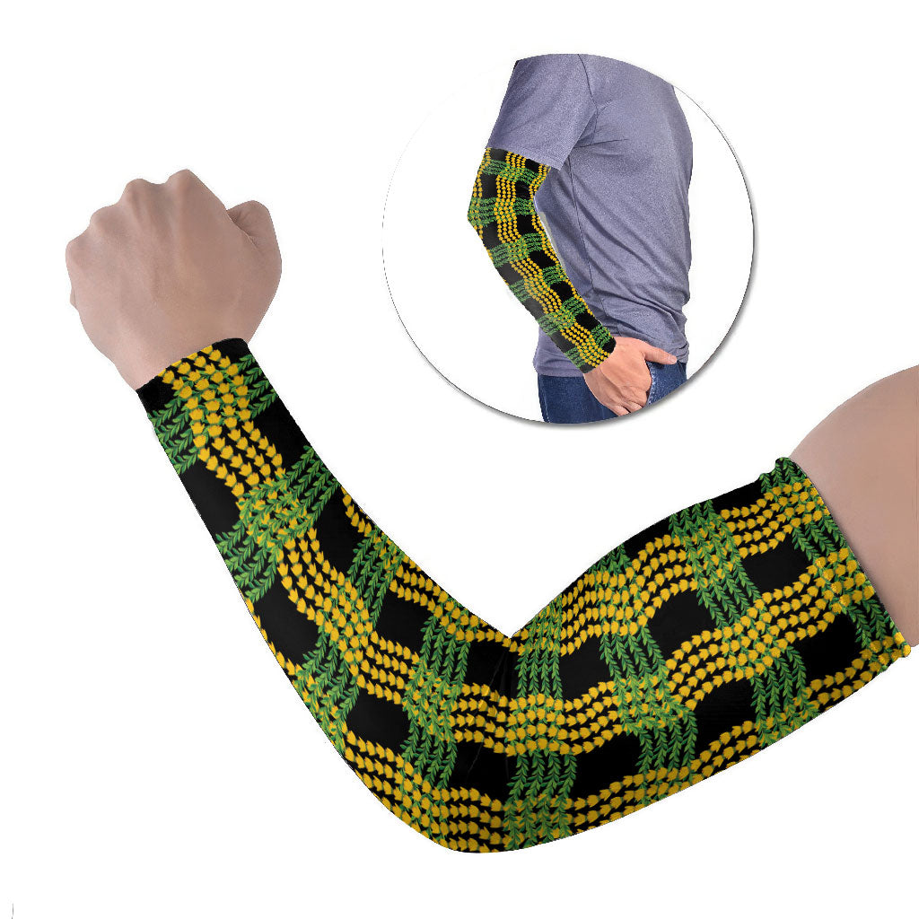 Aloha Hawaii Ilima Maile Lei Arm Sleeves Palaka Inspired Hawaiian-plaid Black LT14 Set of 2 Black - Polynesian Pride