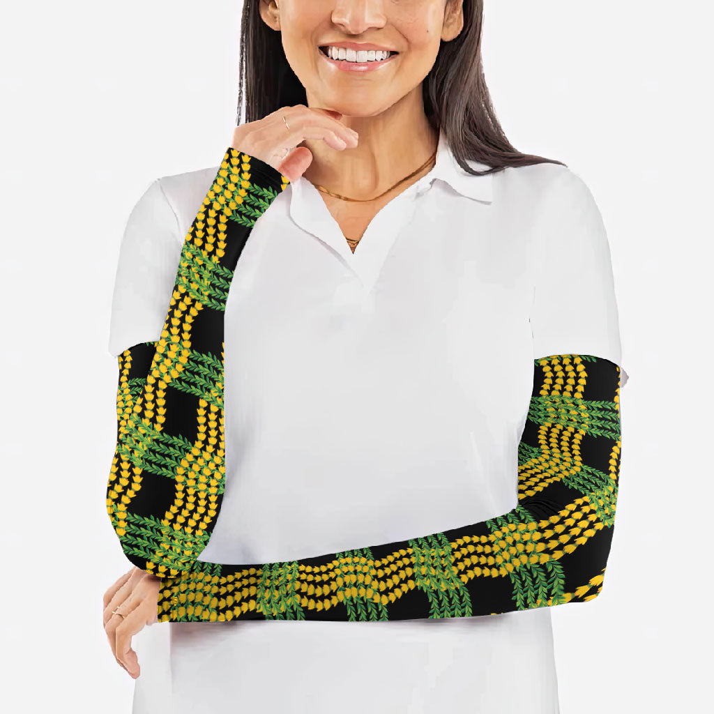 Aloha Hawaii Ilima Maile Lei Arm Sleeves Palaka Inspired Hawaiian-plaid Black