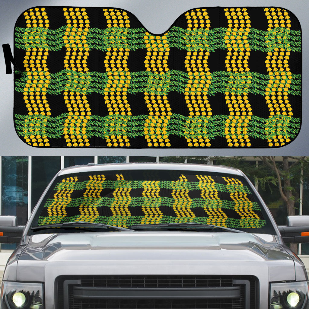 Aloha Hawaii Ilima Maile Lei Auto Sun Shade Palaka Inspired Hawaiian-plaid Black