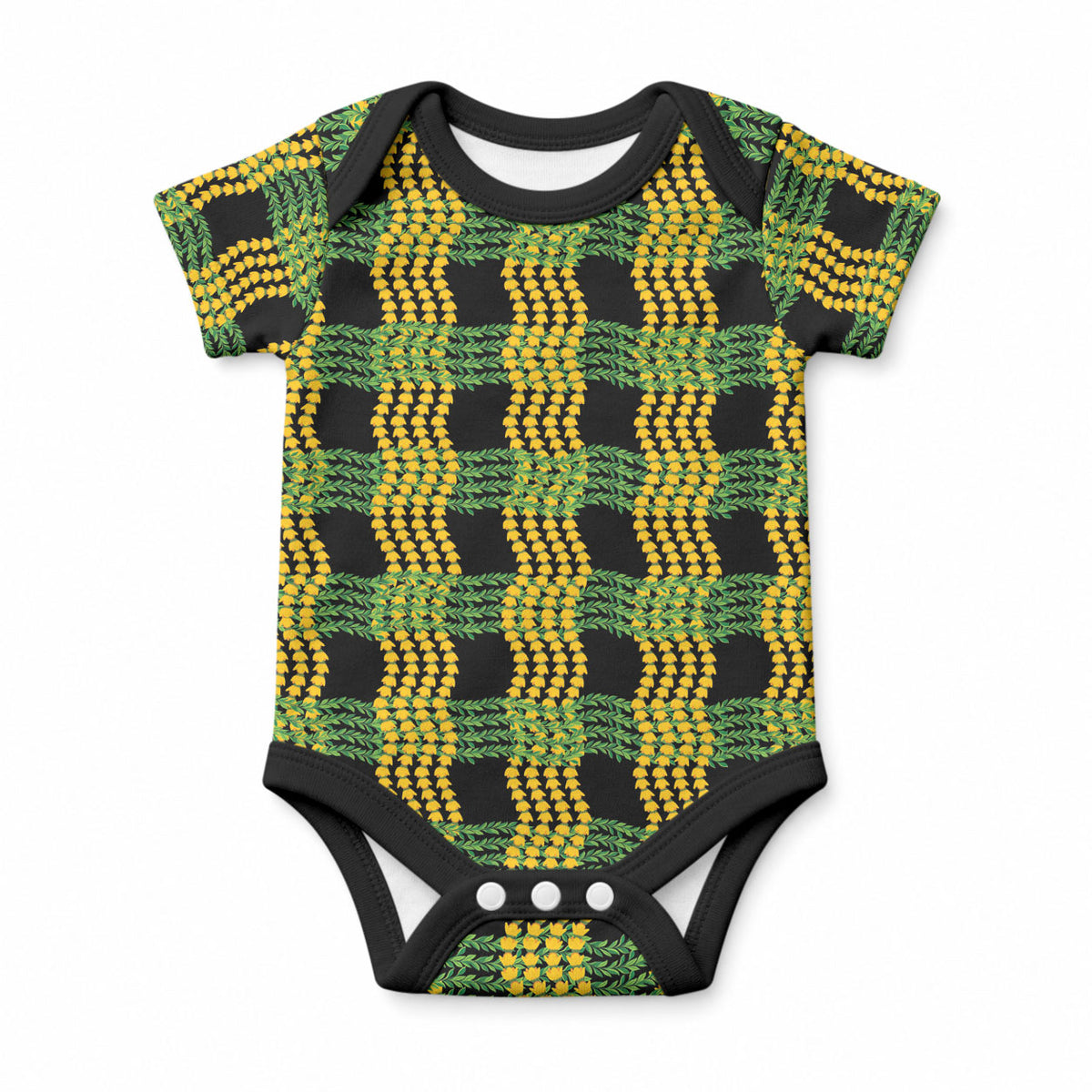 Aloha Hawaii Ilima Maile Lei Baby Onesie Palaka Inspired Hawaiian-plaid Black