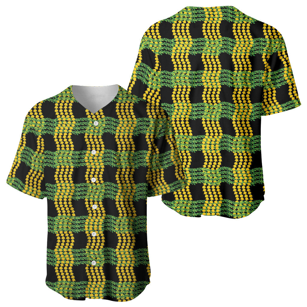 Aloha Hawaii Ilima Maile Lei Baseball Jersey Palaka Inspired Hawaiian-plaid Black