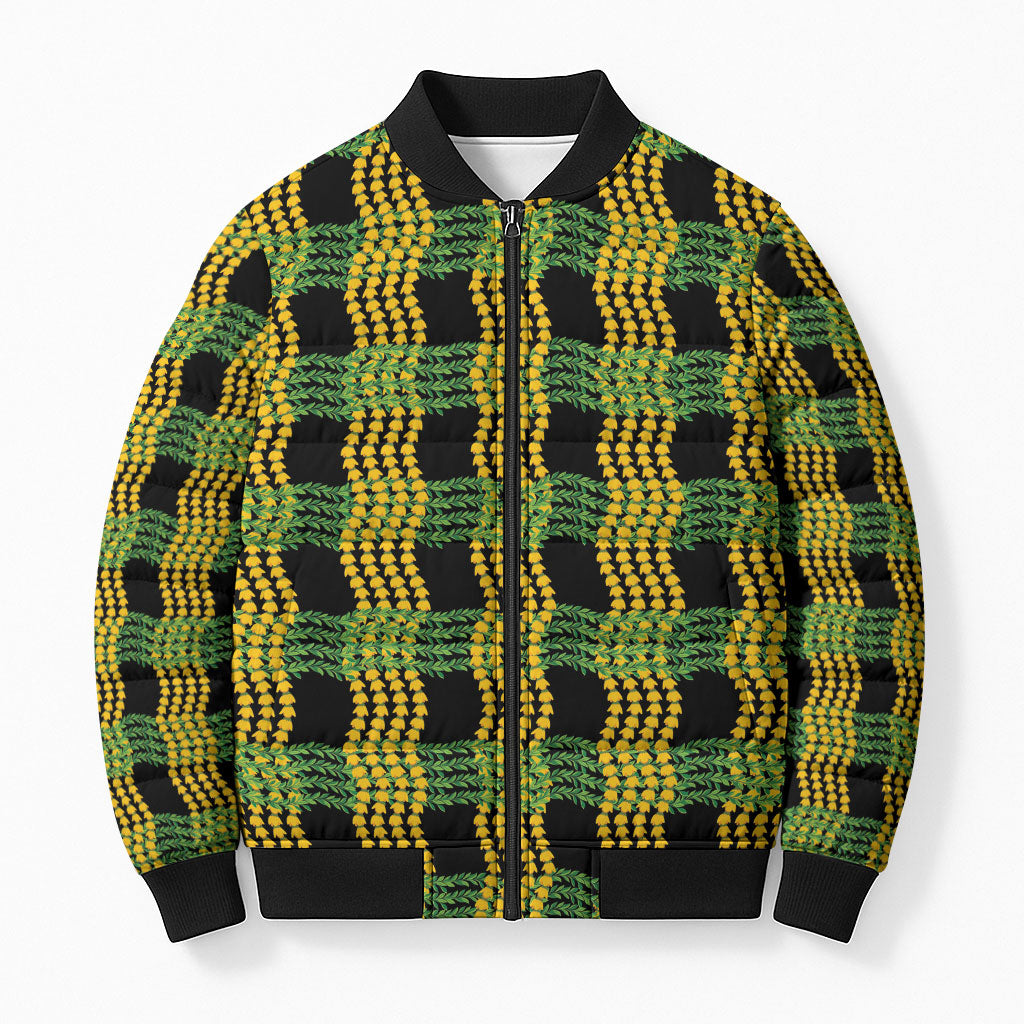 Aloha Hawaii Ilima Maile Lei Bomber Puffer Jacket Palaka Inspired Hawaiian-plaid Black