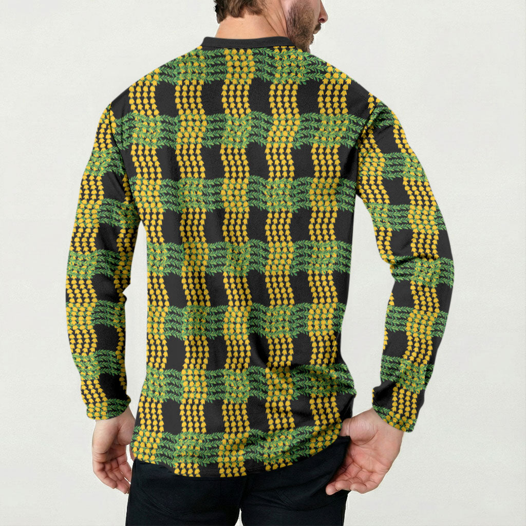 Aloha Hawaii Ilima Maile Lei Button Sweatshirt Palaka Inspired Hawaiian-plaid Black