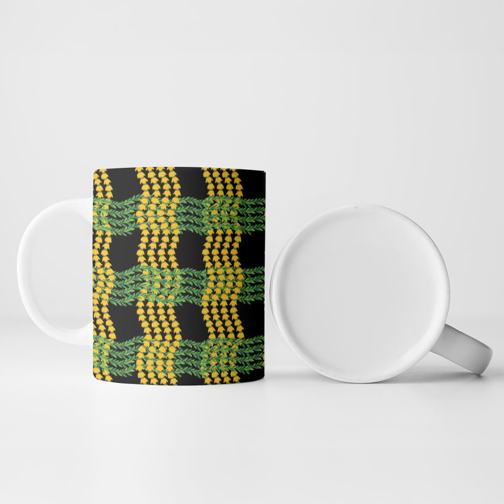 Aloha Hawaii Ilima Maile Lei Ceramic Mug Palaka Inspired Hawaiian-plaid Black