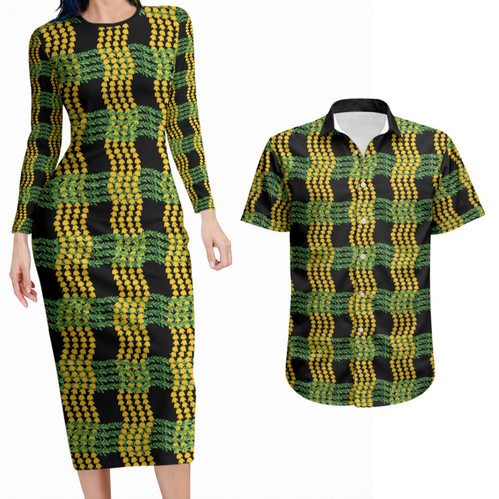 Aloha Hawaii Ilima Maile Lei Couples Matching Long Sleeve Bodycon Dress and Hawaiian Shirt Palaka Inspired Hawaiian-plaid Black LT14 Black - Polynesian Pride