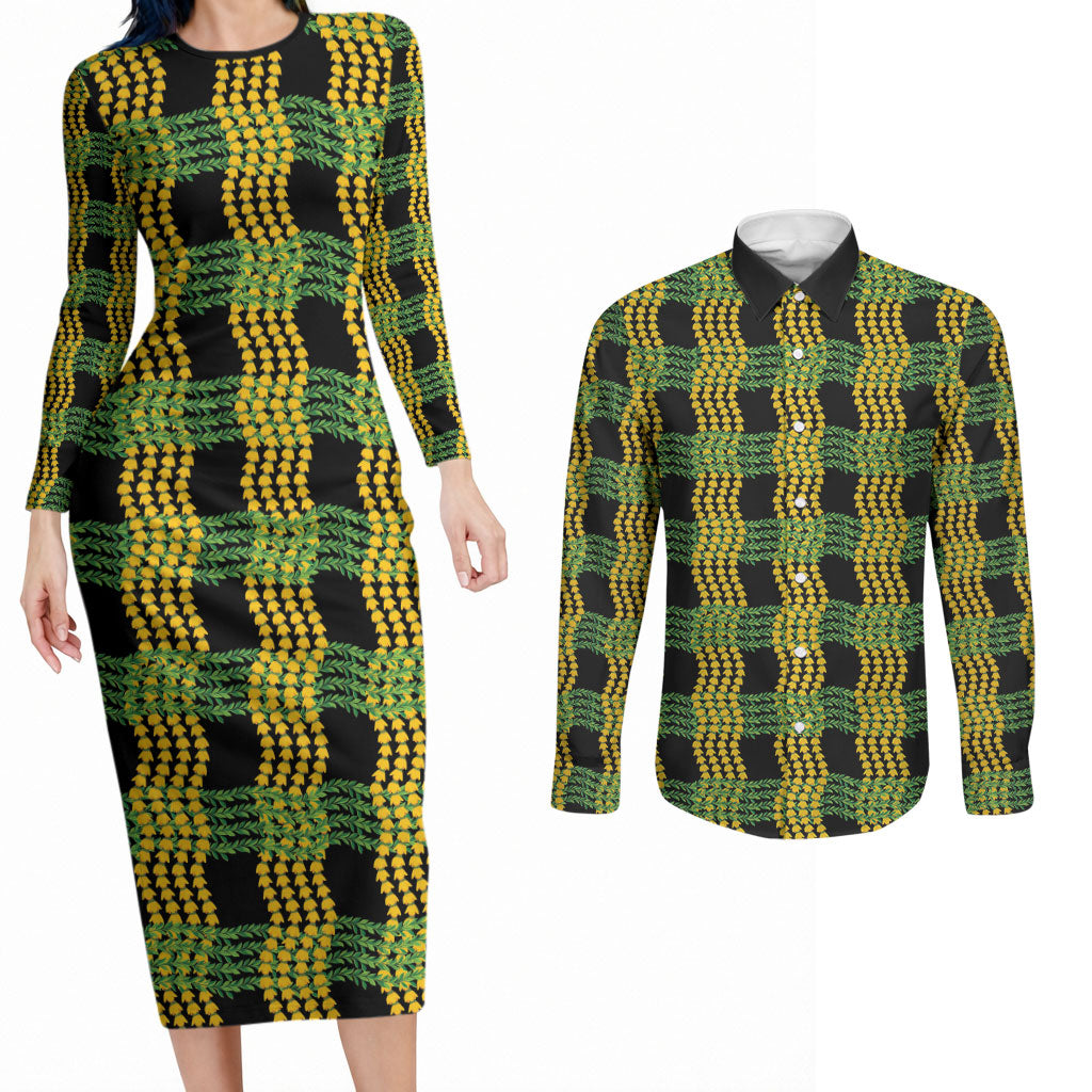 Aloha Hawaii Ilima Maile Lei Couples Matching Long Sleeve Bodycon Dress and Long Sleeve Button Shirt Palaka Inspired Hawaiian-plaid Black