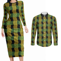 Aloha Hawaii Ilima Maile Lei Couples Matching Long Sleeve Bodycon Dress and Long Sleeve Button Shirt Palaka Inspired Hawaiian-plaid Black