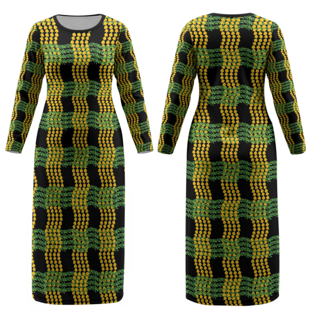 Aloha Hawaii Ilima Maile Lei Couples Matching Long Sleeve Bodycon Dress and Long Sleeve Button Shirt Palaka Inspired Hawaiian-plaid Black
