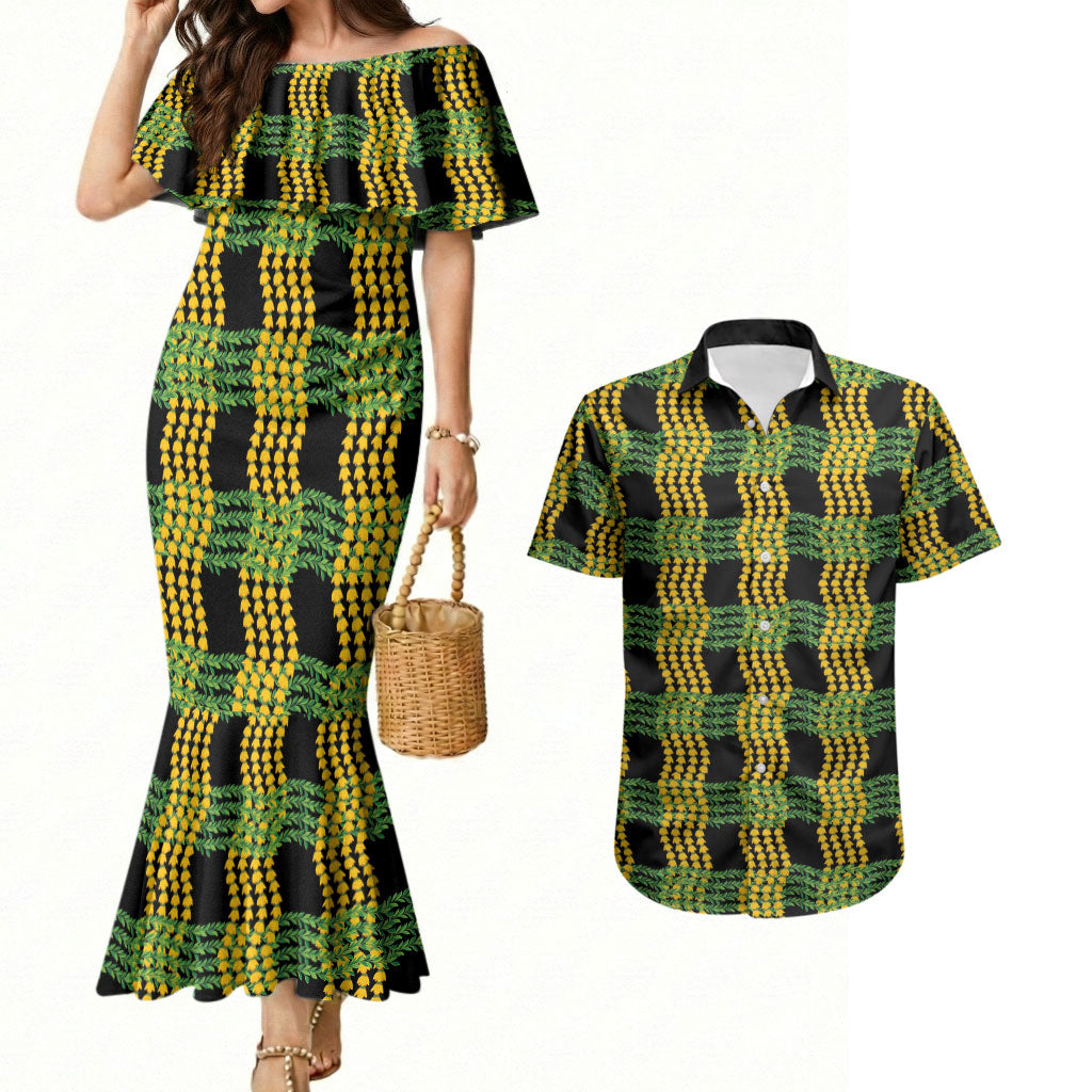 Aloha Hawaii Ilima Maile Lei Couples Matching Mermaid Dress and Hawaiian Shirt Palaka Inspired Hawaiian-plaid Black LT14 Black - Polynesian Pride