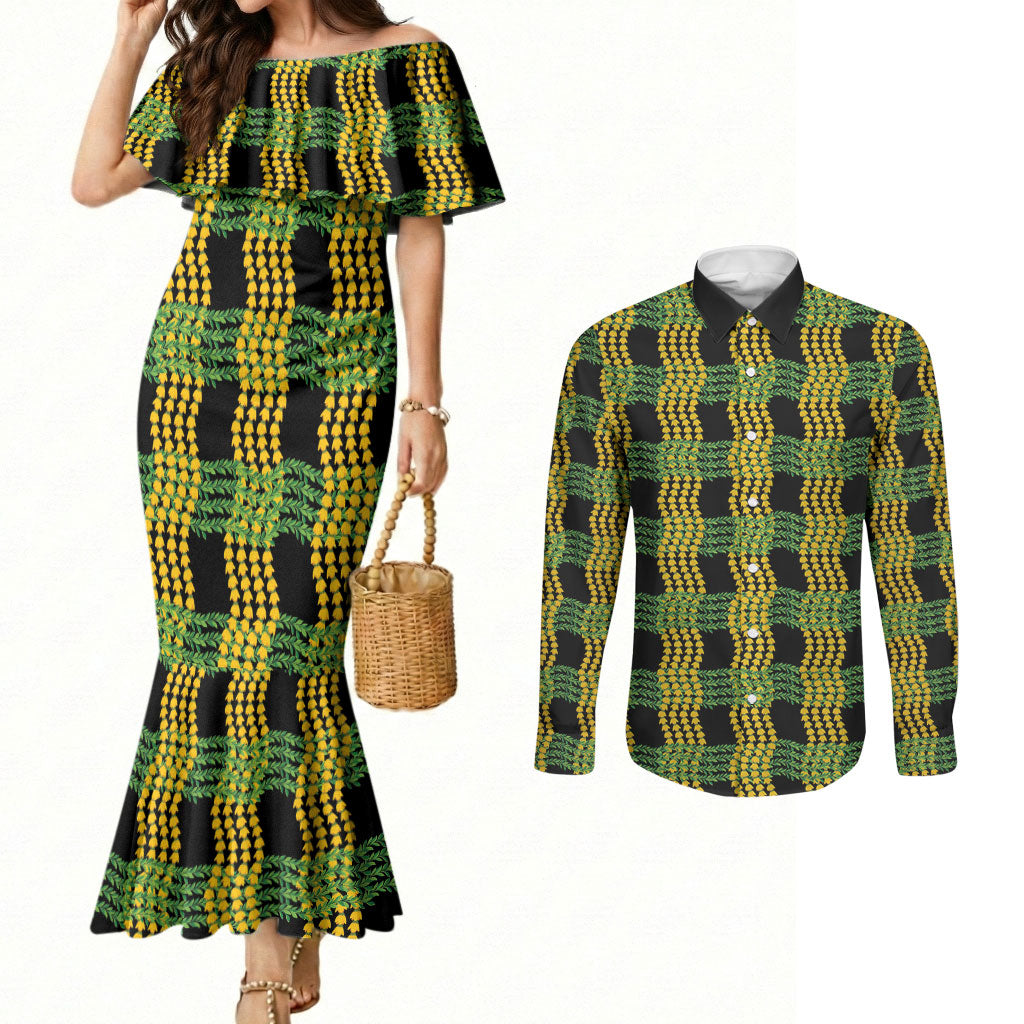 Aloha Hawaii Ilima Maile Lei Couples Matching Mermaid Dress and Long Sleeve Button Shirt Palaka Inspired Hawaiian-plaid Black