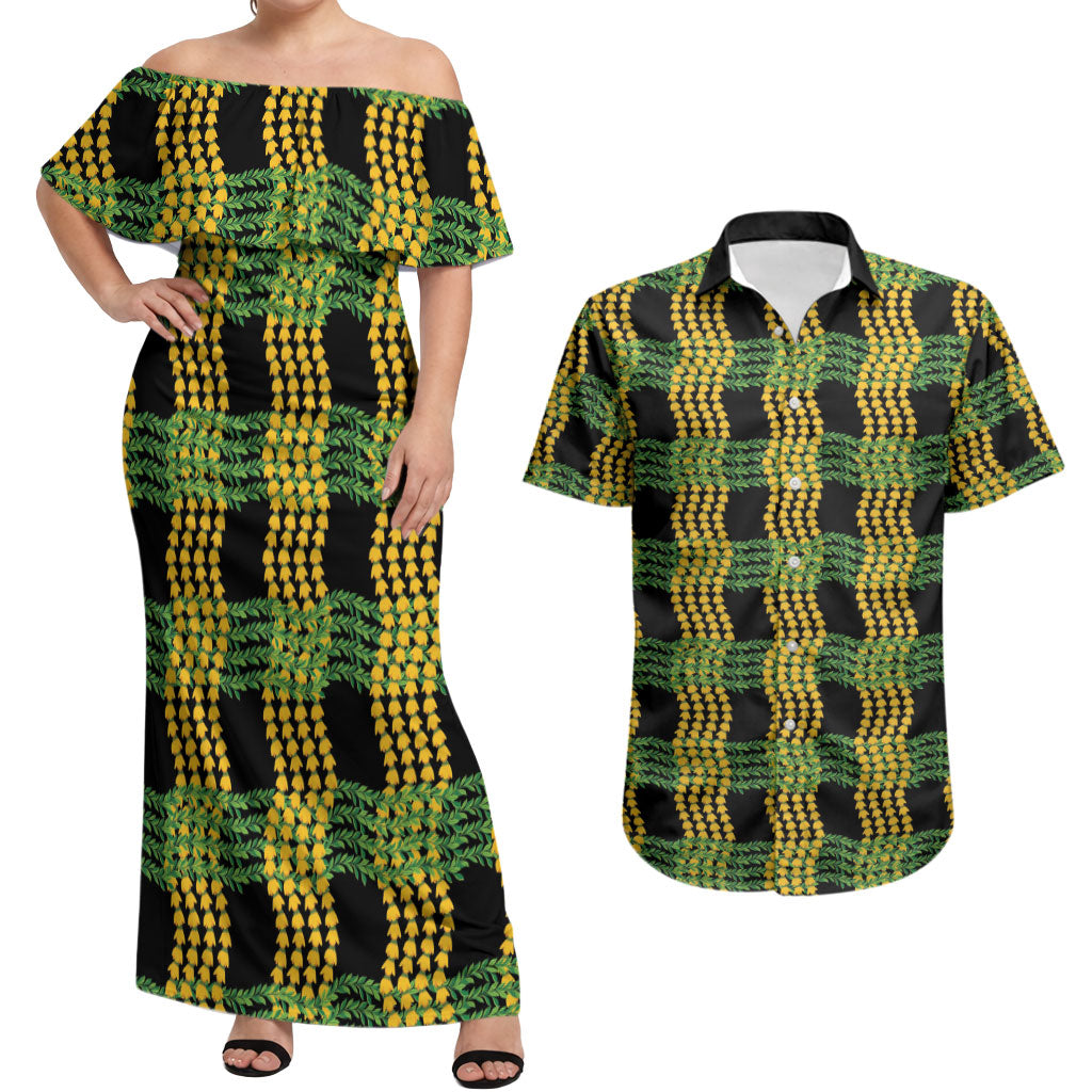 Aloha Hawaii Ilima Maile Lei Couples Matching Off Shoulder Maxi Dress and Hawaiian Shirt Palaka Inspired Hawaiian-plaid Black