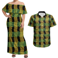 Aloha Hawaii Ilima Maile Lei Couples Matching Off Shoulder Maxi Dress and Hawaiian Shirt Palaka Inspired Hawaiian-plaid Black