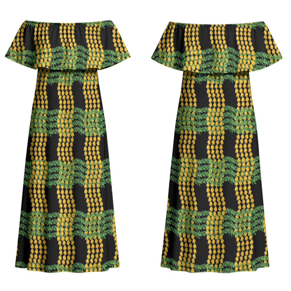 Aloha Hawaii Ilima Maile Lei Couples Matching Off Shoulder Maxi Dress and Hawaiian Shirt Palaka Inspired Hawaiian-plaid Black