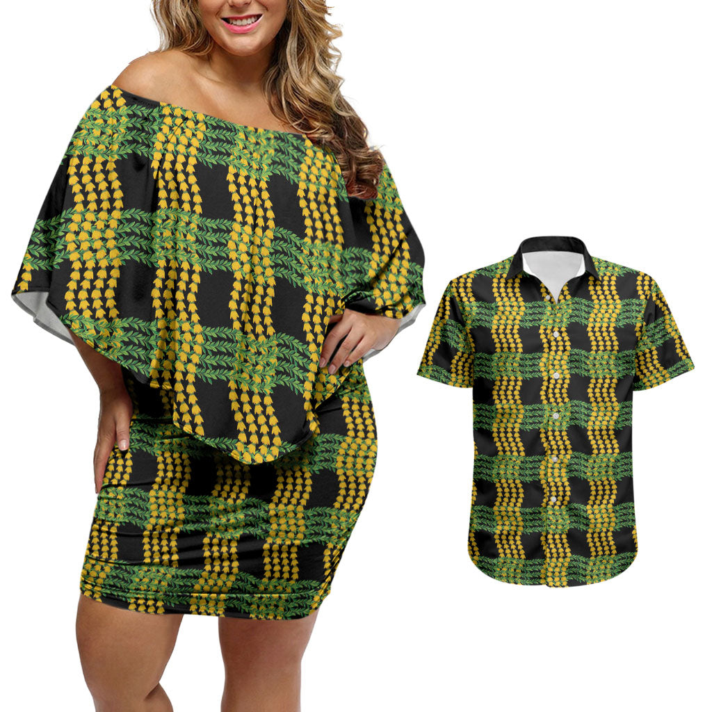 Aloha Hawaii Ilima Maile Lei Couples Matching Off Shoulder Short Dress and Hawaiian Shirt Palaka Inspired Hawaiian-plaid Black