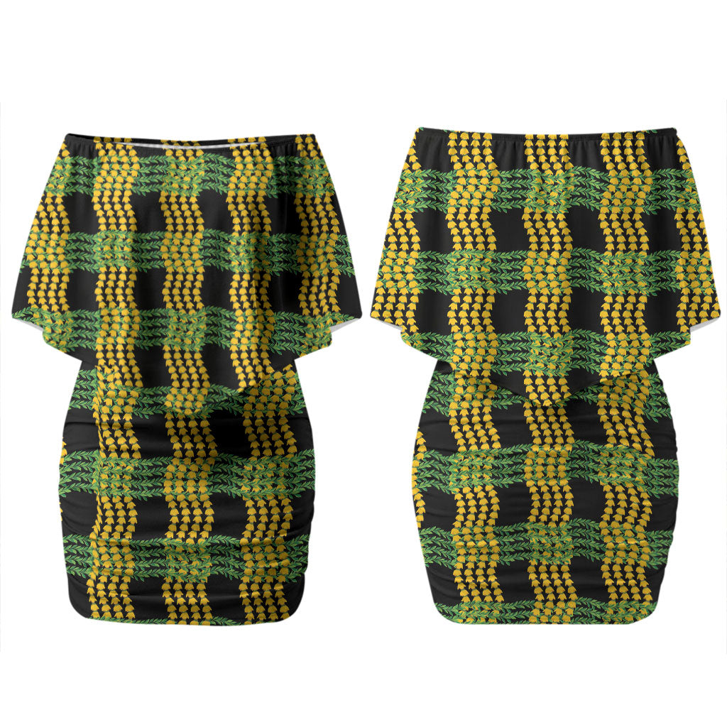 Aloha Hawaii Ilima Maile Lei Couples Matching Off Shoulder Short Dress and Hawaiian Shirt Palaka Inspired Hawaiian-plaid Black