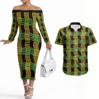Aloha Hawaii Ilima Maile Lei Couples Matching Off The Shoulder Long Sleeve Dress and Hawaiian Shirt Palaka Inspired Hawaiian-plaid Black