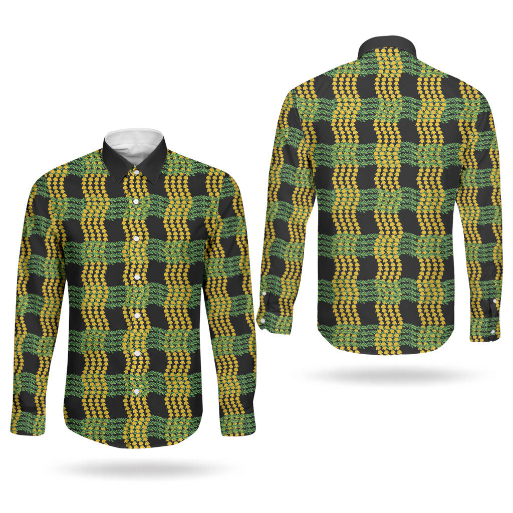 Aloha Hawaii Ilima Maile Lei Couples Matching Off The Shoulder Long Sleeve Dress and Long Sleeve Button Shirt Palaka Inspired Hawaiian-plaid Black