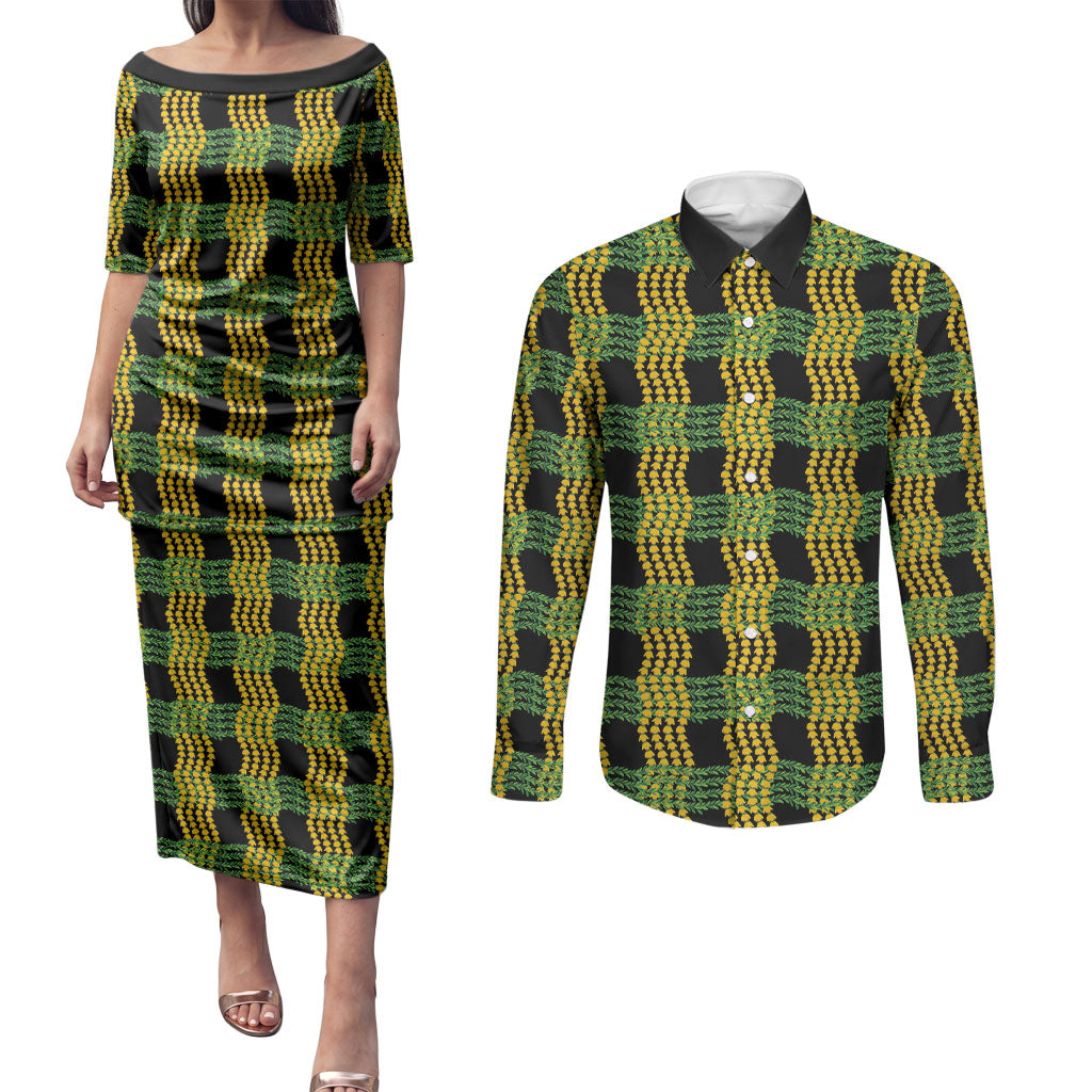 Aloha Hawaii Ilima Maile Lei Couples Matching Puletasi and Long Sleeve Button Shirt Palaka Inspired Hawaiian-plaid Black