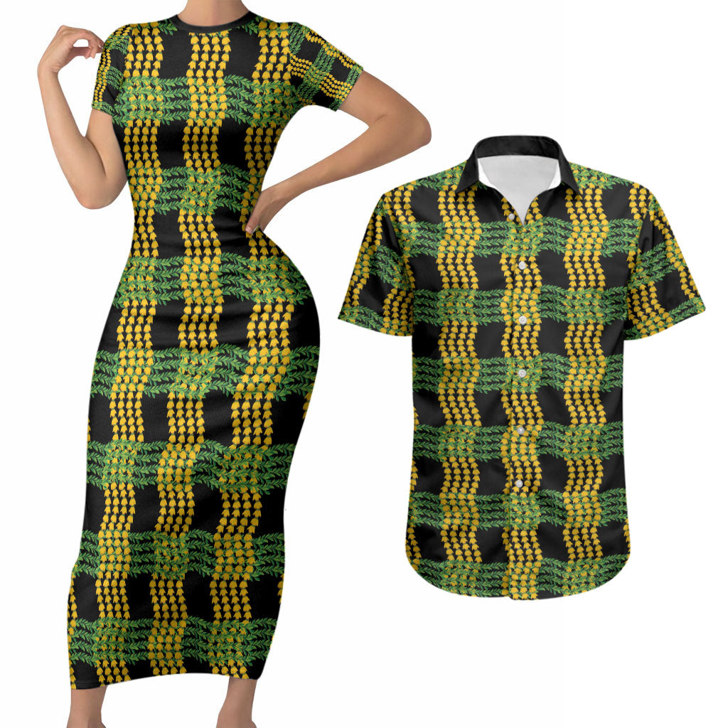 Aloha Hawaii Ilima Maile Lei Couples Matching Short Sleeve Bodycon Dress and Hawaiian Shirt Palaka Inspired Hawaiian-plaid Black