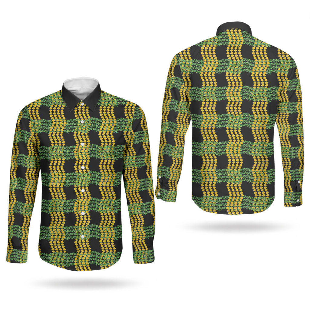 Aloha Hawaii Ilima Maile Lei Couples Matching Short Sleeve Bodycon Dress and Long Sleeve Button Shirt Palaka Inspired Hawaiian-plaid Black