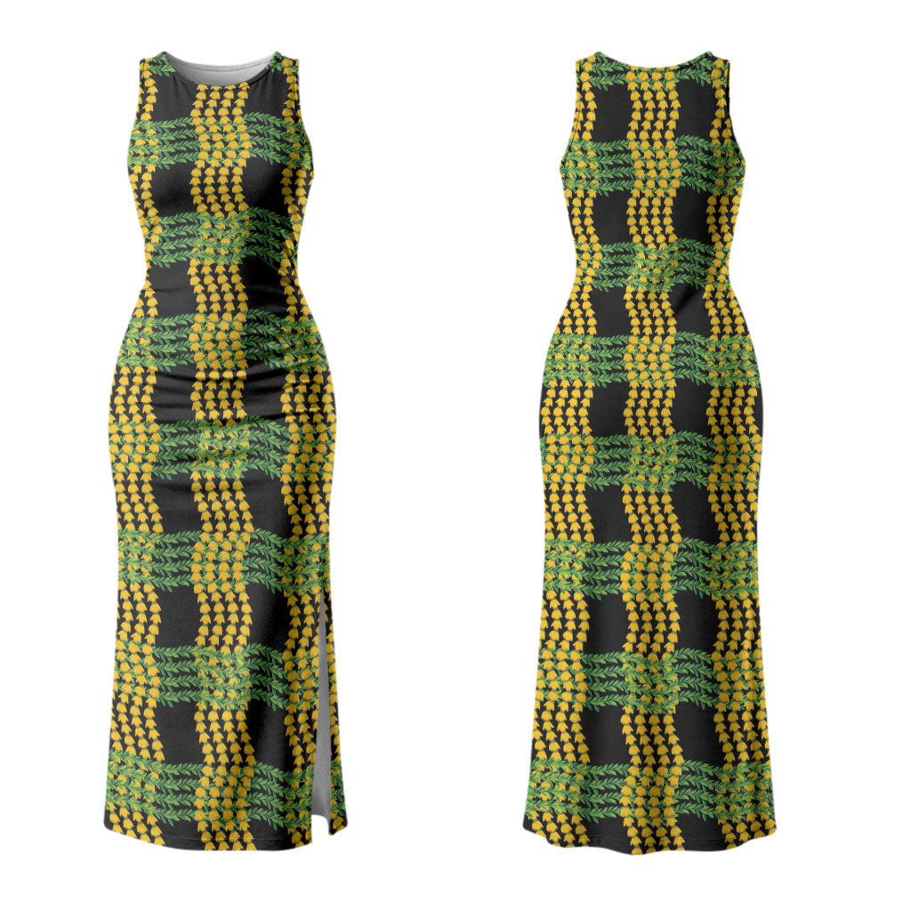 Aloha Hawaii Ilima Maile Lei Couples Matching Tank Maxi Dress and Hawaiian Shirt Palaka Inspired Hawaiian-plaid Black