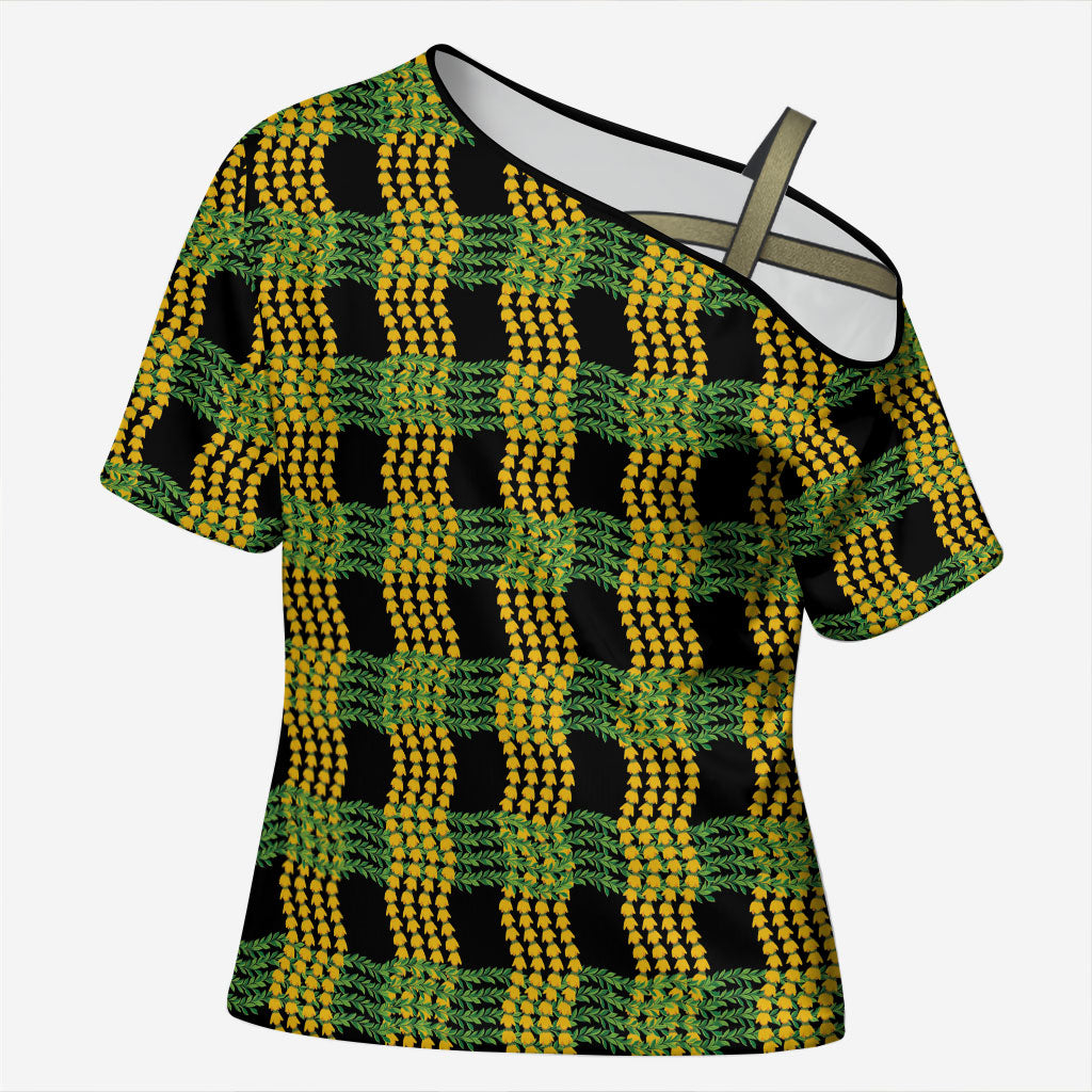 Aloha Hawaii Ilima Maile Lei Cross Shoulder Shirt Palaka Inspired Hawaiian-plaid Black