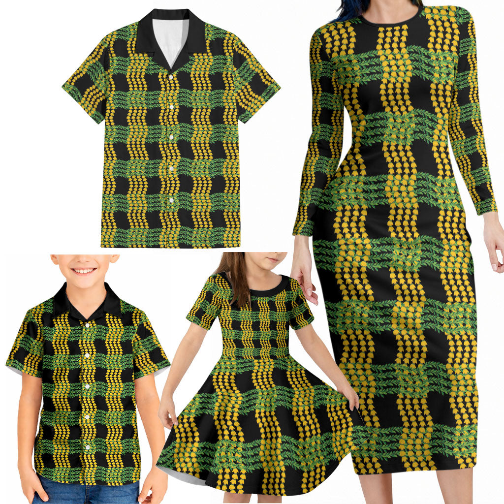 Aloha Hawaii Ilima Maile Lei Family Matching Long Sleeve Bodycon Dress and Hawaiian Shirt Palaka Inspired Hawaiian-plaid Black