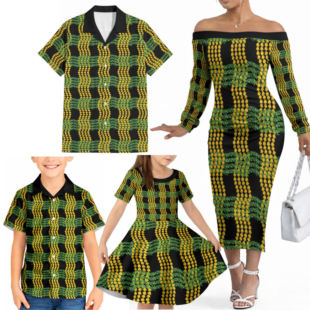 Aloha Hawaii Ilima Maile Lei Family Matching Off The Shoulder Long Sleeve Dress and Hawaiian Shirt Palaka Inspired Hawaiian-plaid Black LT14 - Polynesian Pride