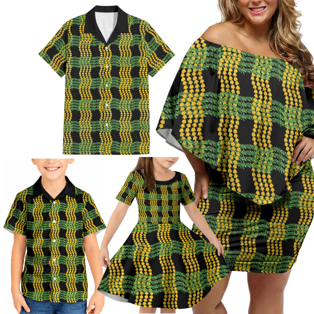 Aloha Hawaii Ilima Maile Lei Family Matching Off Shoulder Short Dress and Hawaiian Shirt Palaka Inspired Hawaiian-plaid Black