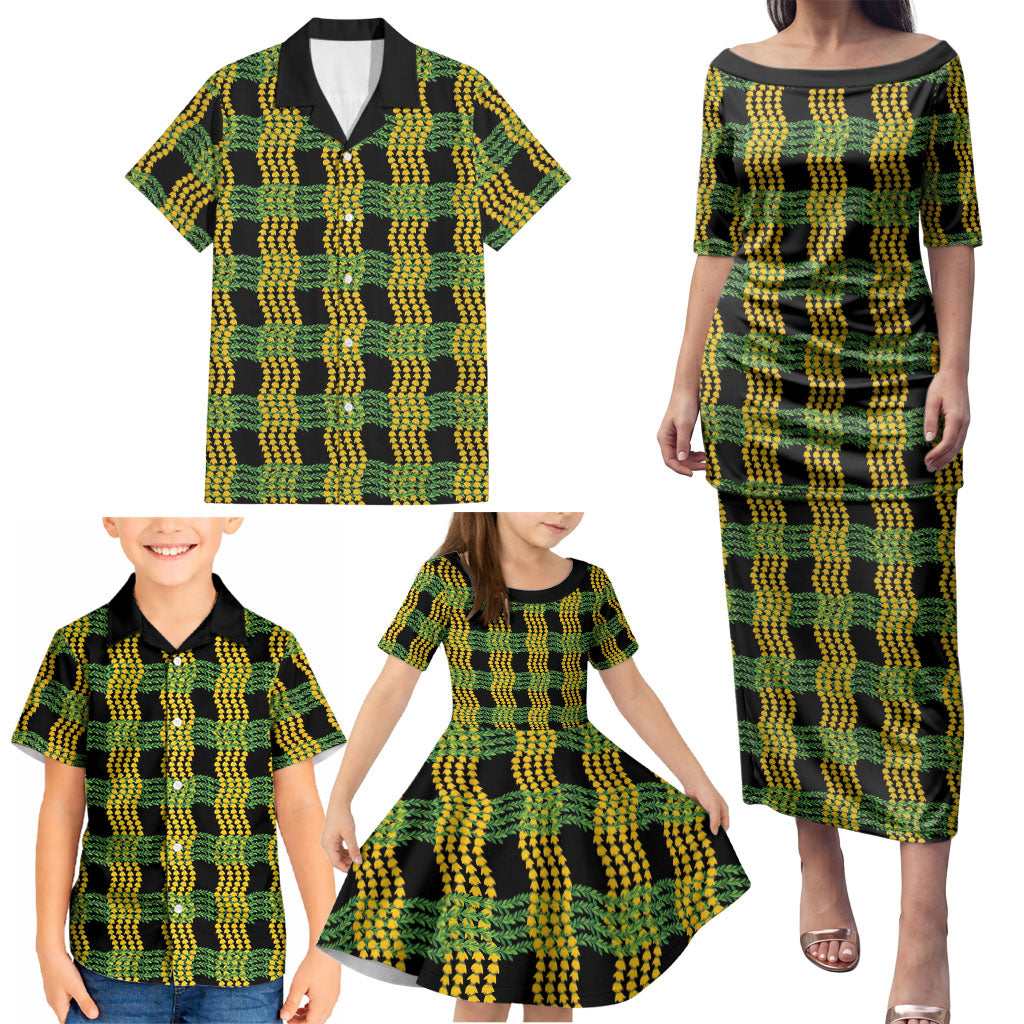Aloha Hawaii Ilima Maile Lei Family Matching Puletasi and Hawaiian Shirt Palaka Inspired Hawaiian-plaid Black