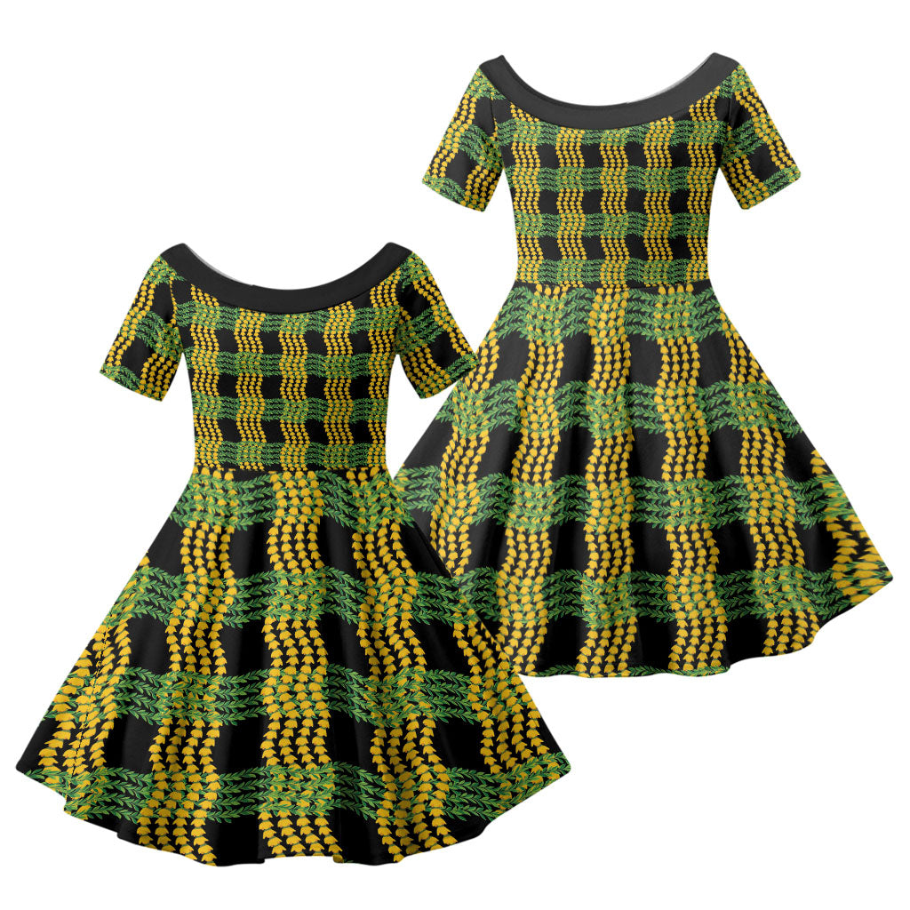 Aloha Hawaii Ilima Maile Lei Family Matching Puletasi and Hawaiian Shirt Palaka Inspired Hawaiian-plaid Black