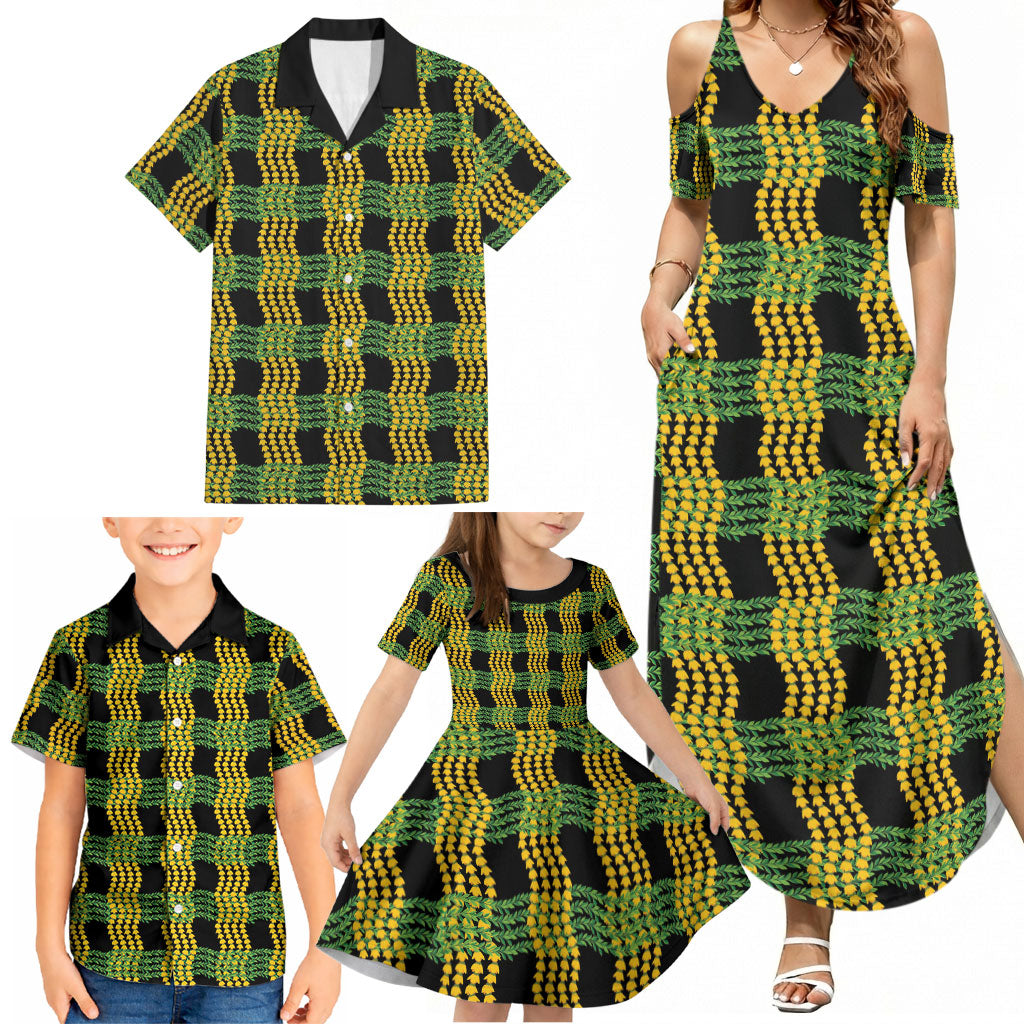 Aloha Hawaii Ilima Maile Lei Family Matching Summer Maxi Dress and Hawaiian Shirt Palaka Inspired Hawaiian-plaid Black LT14 - Polynesian Pride