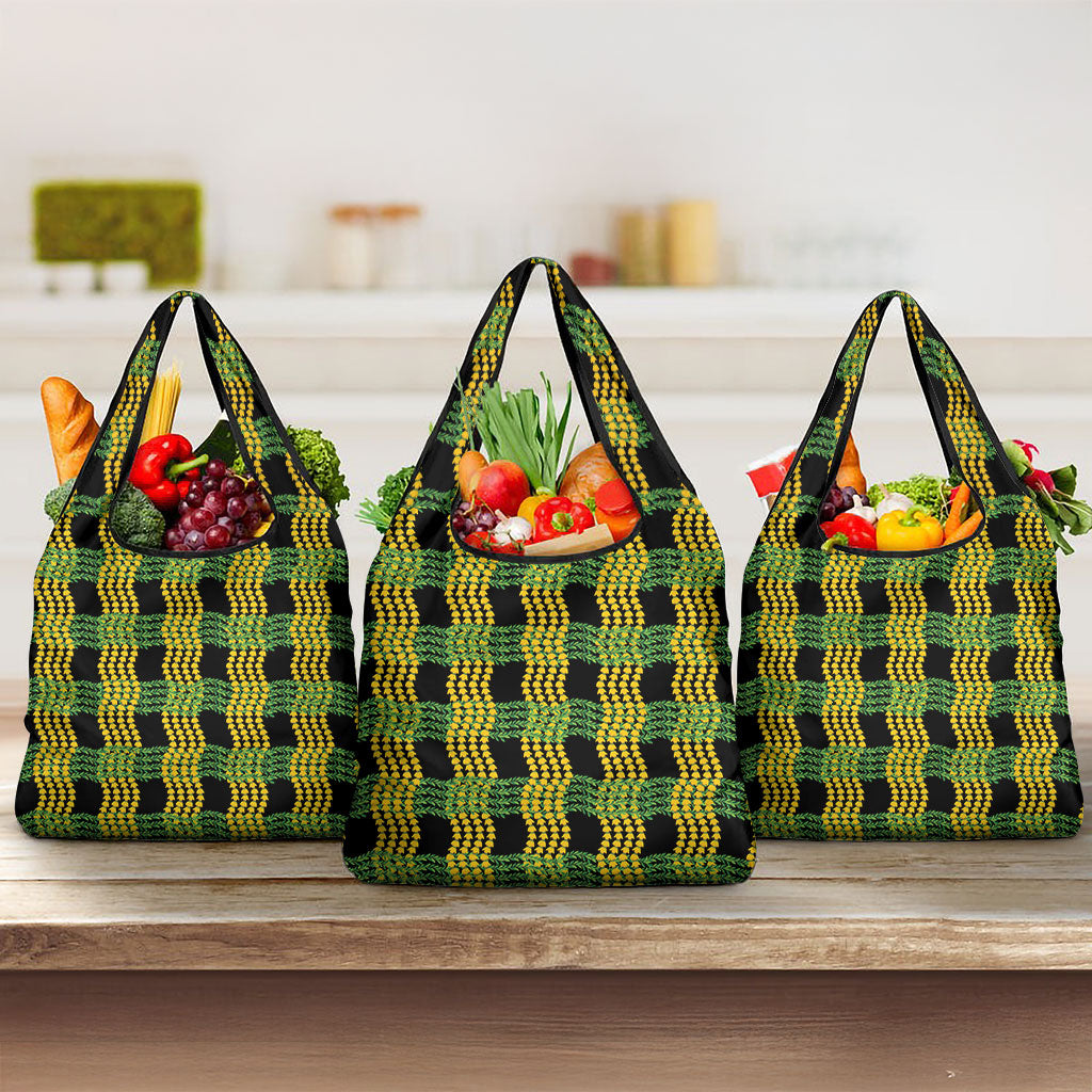 Aloha Hawaii Ilima Maile Lei Grocery Bag Palaka Inspired Hawaiian-plaid Black