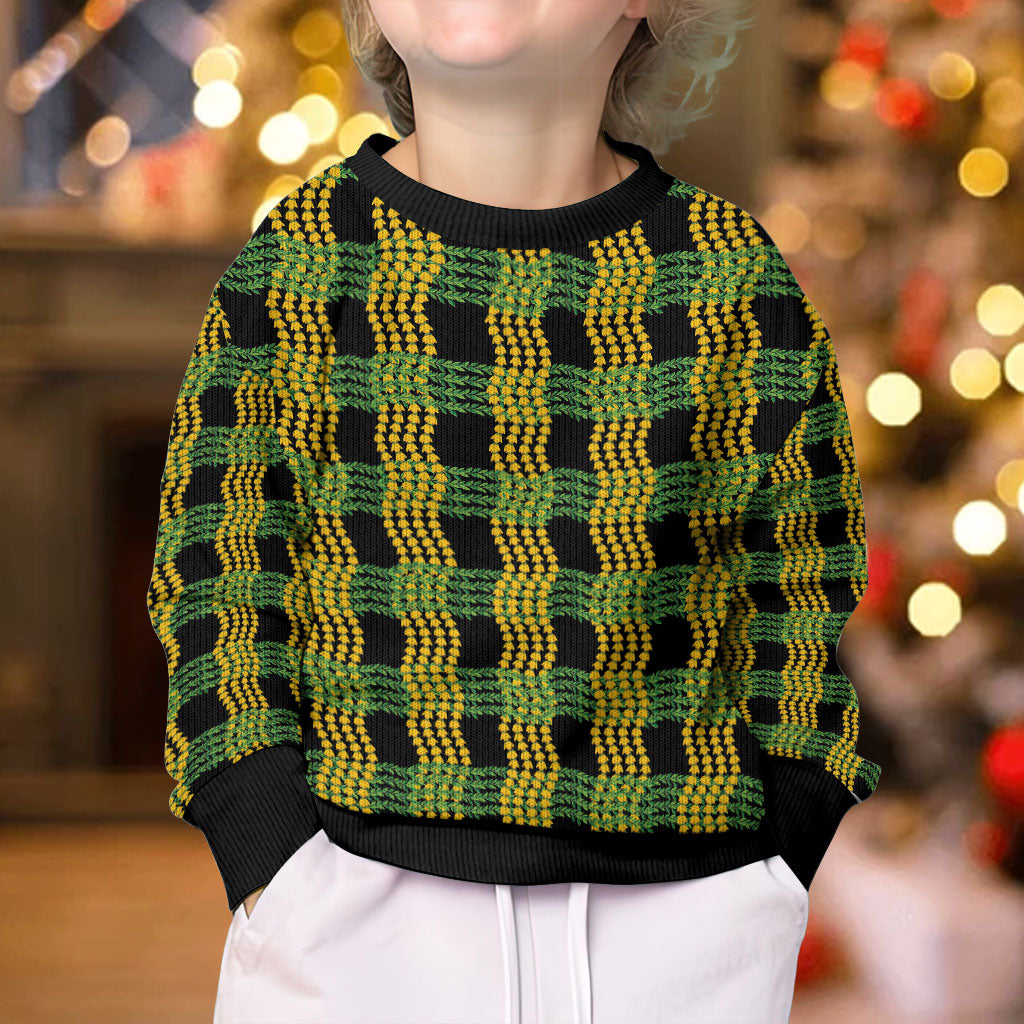 Aloha Hawaii Ilima Maile Lei Kid Ugly Christmas Sweater Palaka Inspired Hawaiian-plaid Black