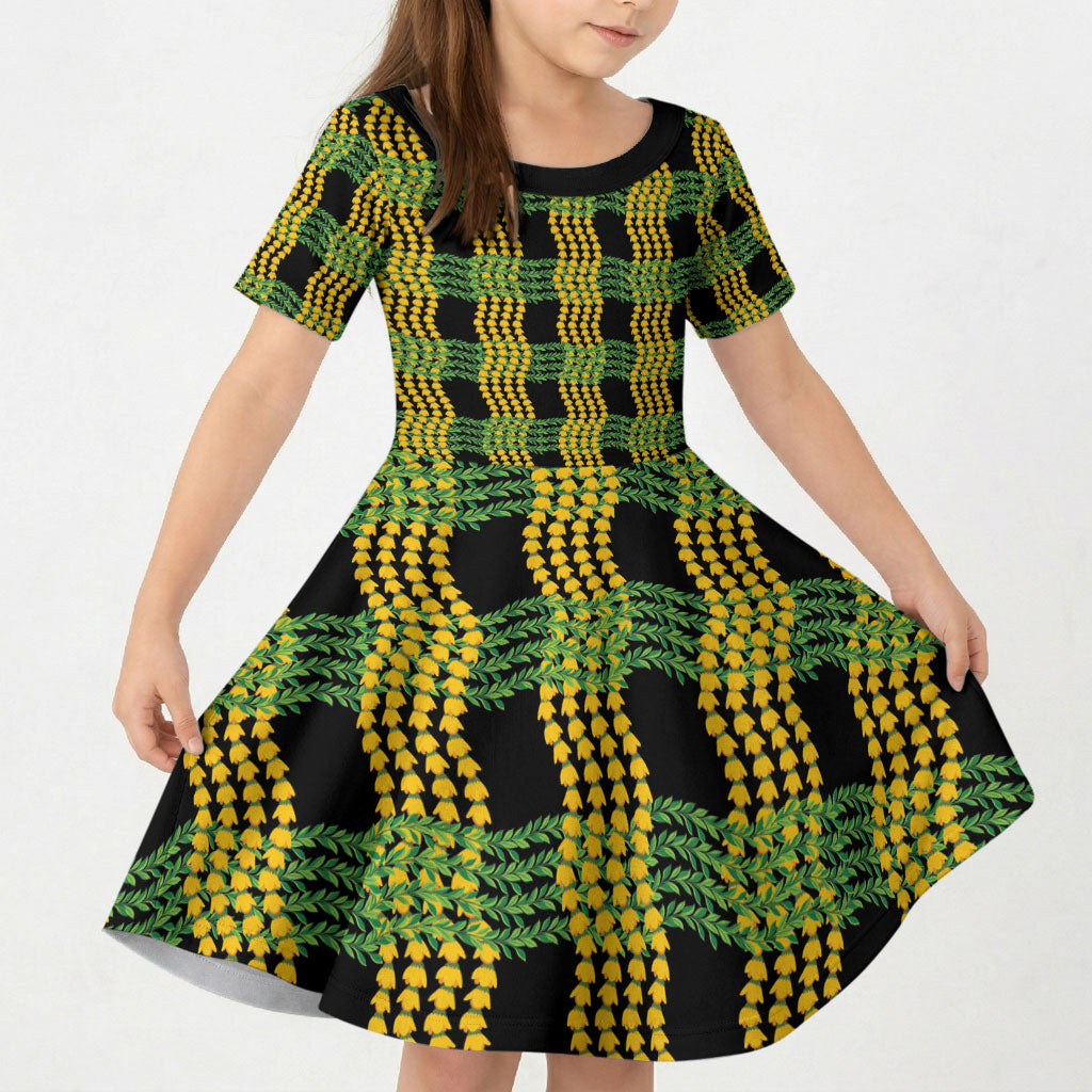 Aloha Hawaii Ilima Maile Lei Kid Short Sleeve Dress Palaka Inspired Hawaiian-plaid Black LT14 KID Black - Polynesian Pride