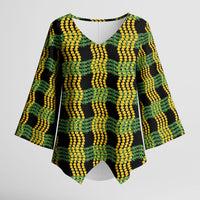 Aloha Hawaii Ilima Maile Lei Kimono Sleeve Blouse Palaka Inspired Hawaiian-plaid Black