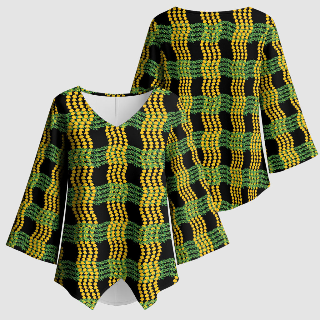 Aloha Hawaii Ilima Maile Lei Kimono Sleeve Blouse Palaka Inspired Hawaiian-plaid Black