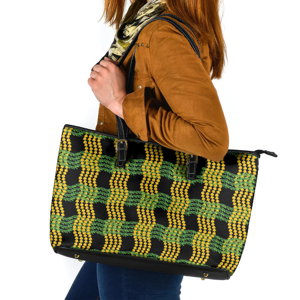 Aloha Hawaii Ilima Maile Lei Leather Tote Bag Palaka Inspired Hawaiian-plaid Black LT14 Black - Polynesian Pride
