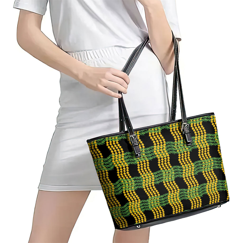 Aloha Hawaii Ilima Maile Lei Leather Tote Bag Palaka Inspired Hawaiian-plaid Black