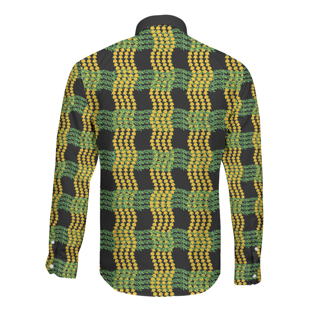 Aloha Hawaii Ilima Maile Lei Long Sleeve Button Shirt Palaka Inspired Hawaiian-plaid Black