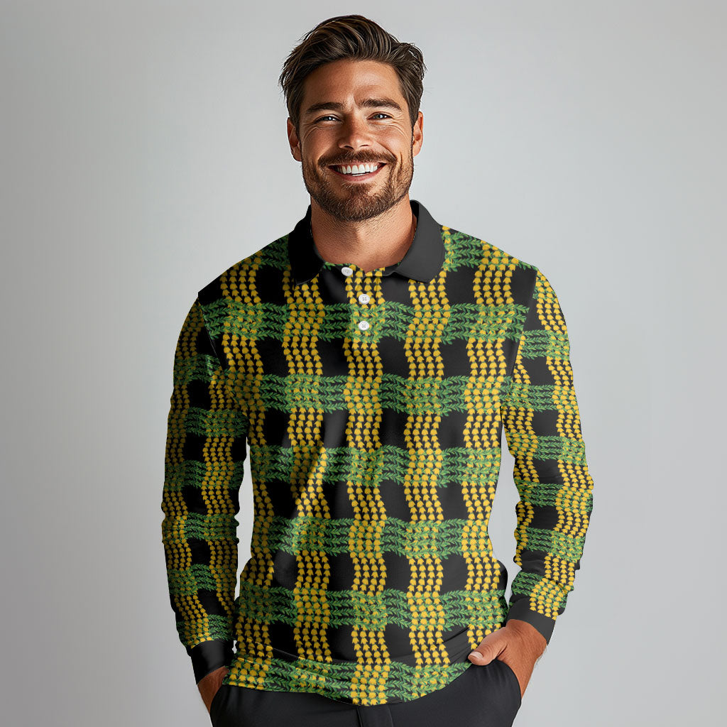Aloha Hawaii Ilima Maile Lei Long Sleeve Polo Shirt Palaka Inspired Hawaiian-plaid Black