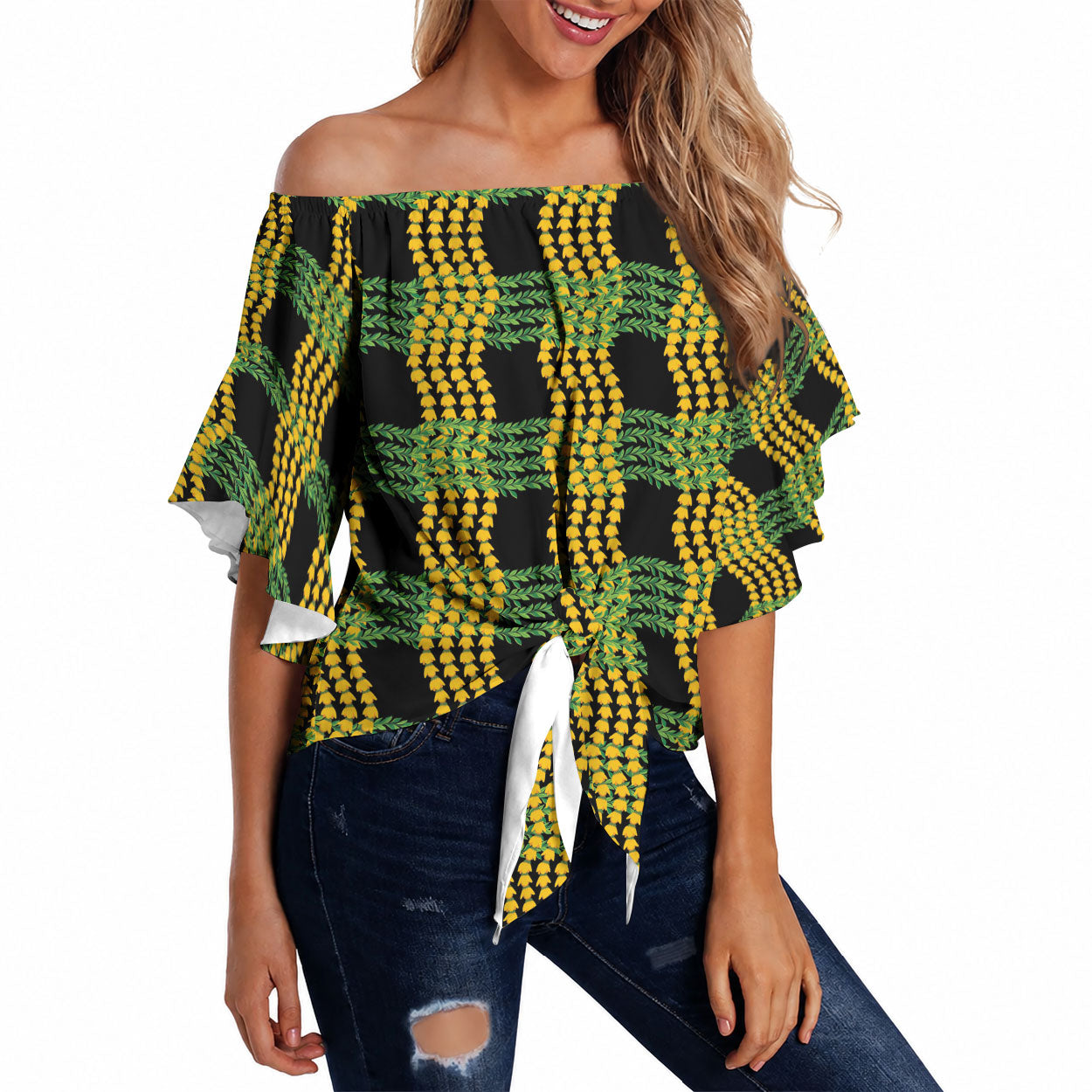 Aloha Hawaii Ilima Maile Lei Off Shoulder Wrap Waist Top Palaka Inspired Hawaiian-plaid Black LT14 Black - Polynesian Pride