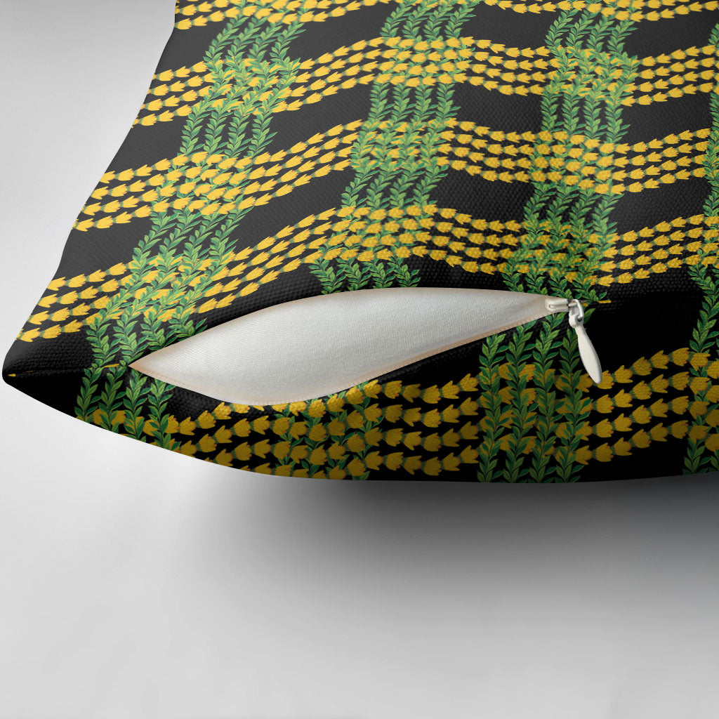 Aloha Hawaii Ilima Maile Lei Pillow Cover Palaka Inspired Hawaiian-plaid Black