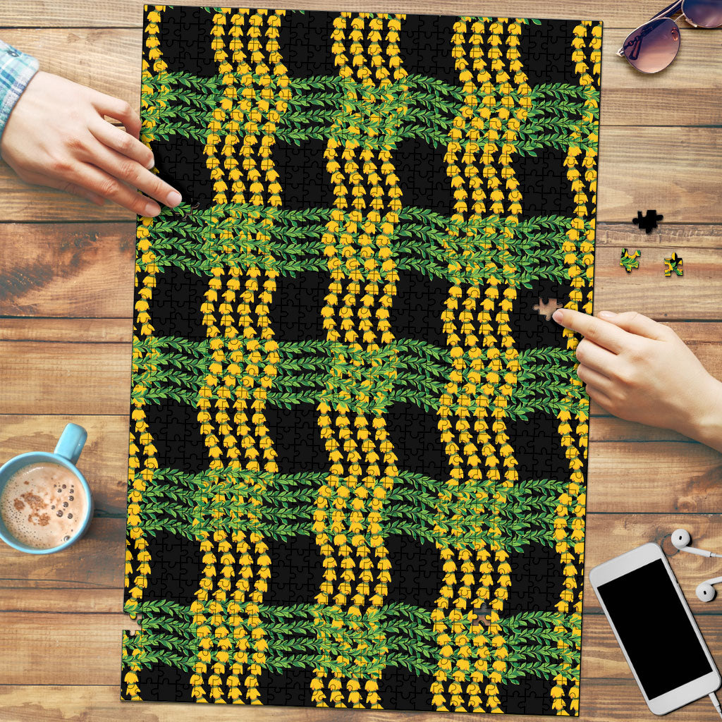 Aloha Hawaii Ilima Maile Lei Puzzle Palaka Inspired Hawaiian-plaid Black LT14 Black - Polynesian Pride