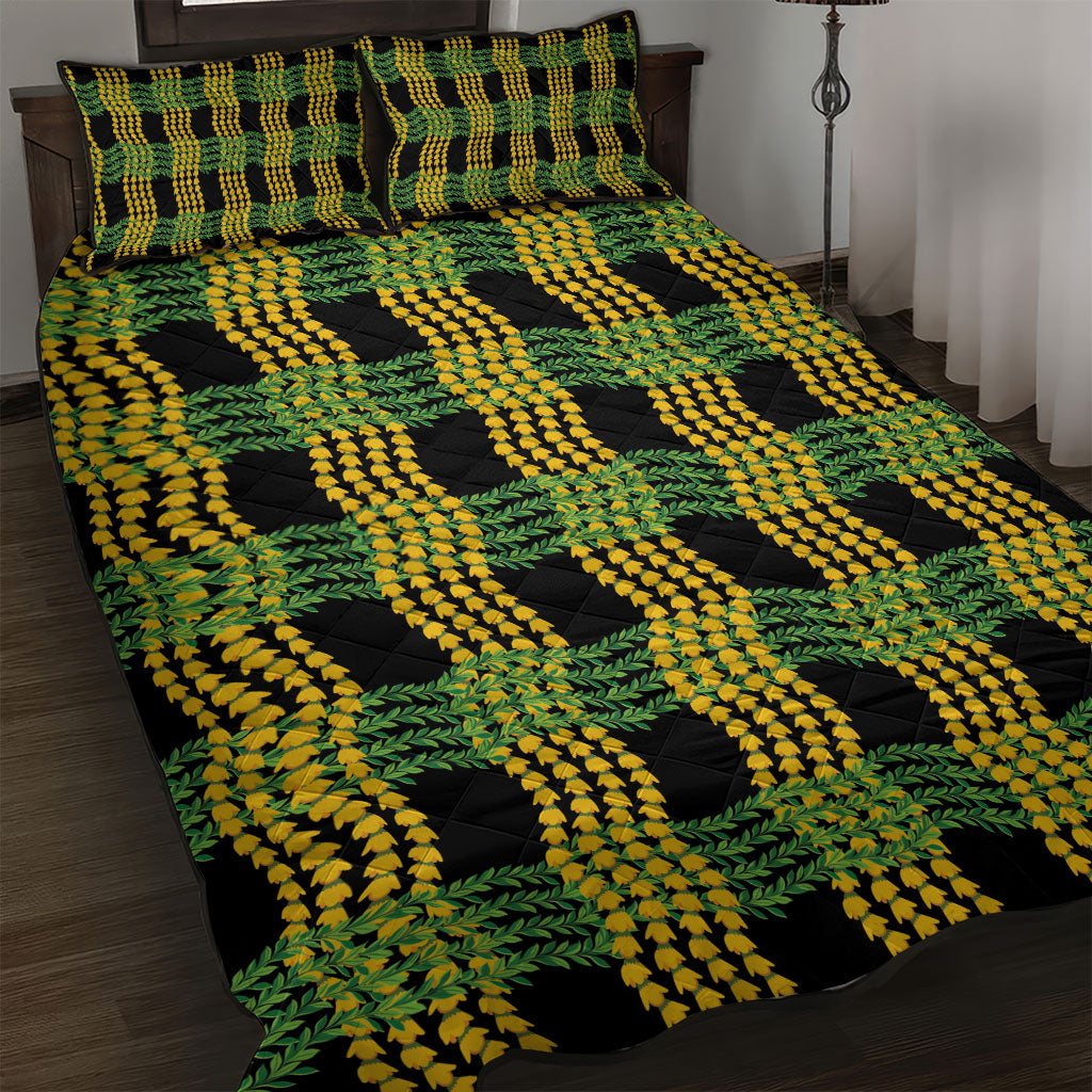 Aloha Hawaii Ilima Maile Lei Quilt Bed Set Palaka Inspired Hawaiian-plaid Black